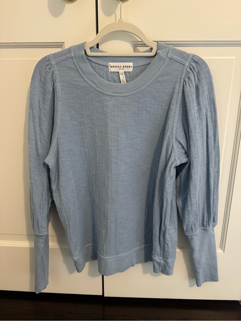 Apiece Apart Olimpio Powder Blue Ribbed Crewneck Sweatshirt Too with Puff Sleeve